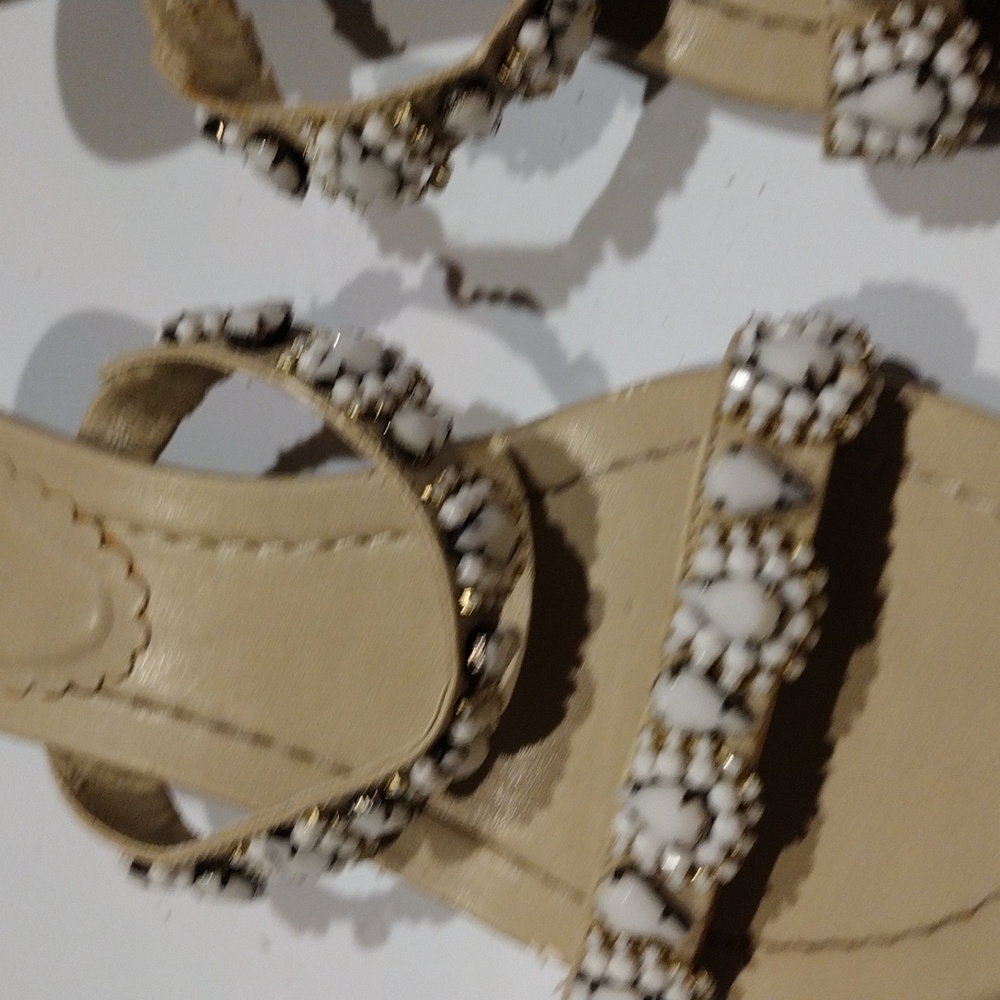 Chic And Stylish,Beige 2 inch heel white embossed With Stone Sandal - Picture 6 of 6